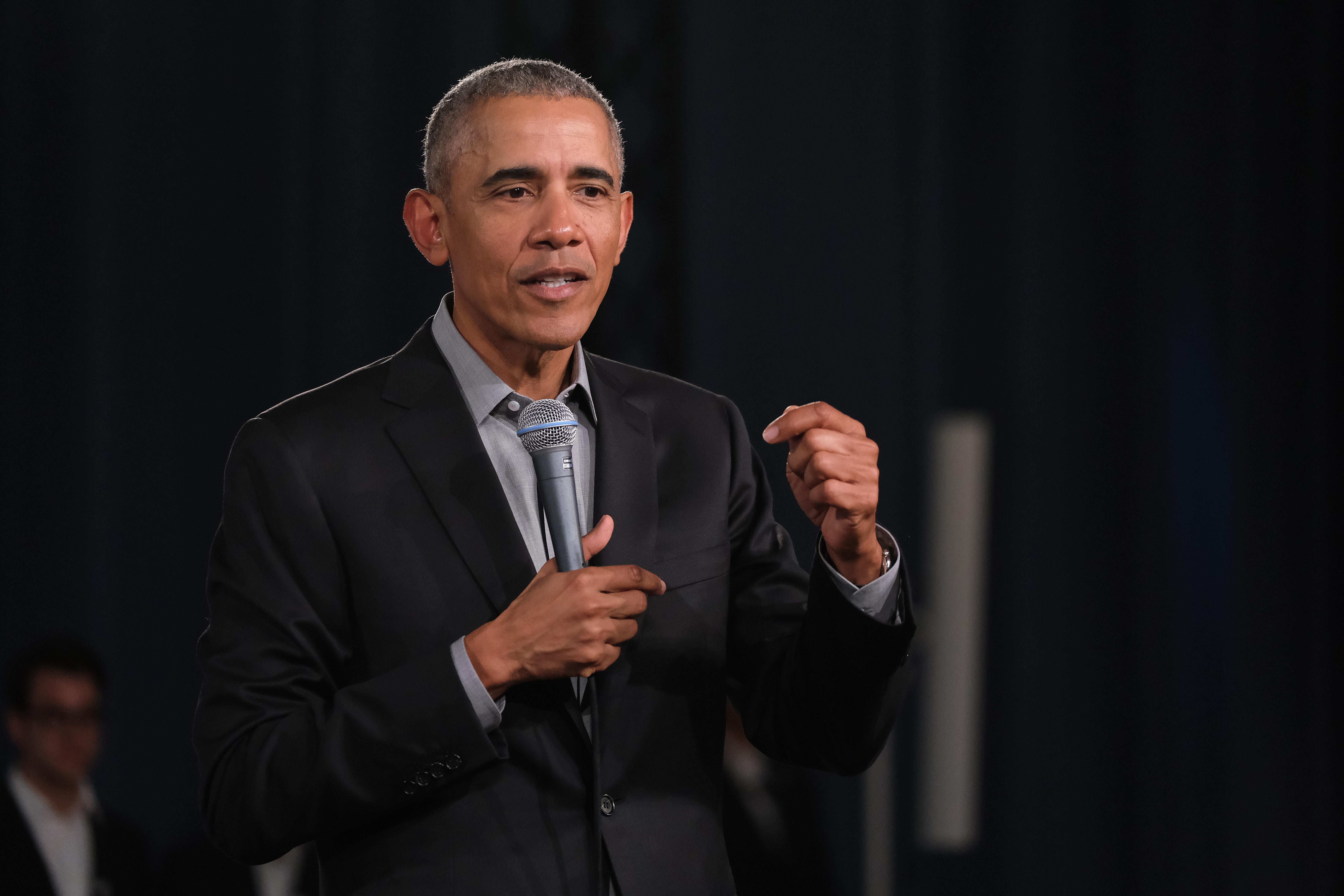 Former President Barack Obama speaks to young leaders from across Europe in a Town Hall-styled session on April 6, 2019 in Berlin, Germany. 