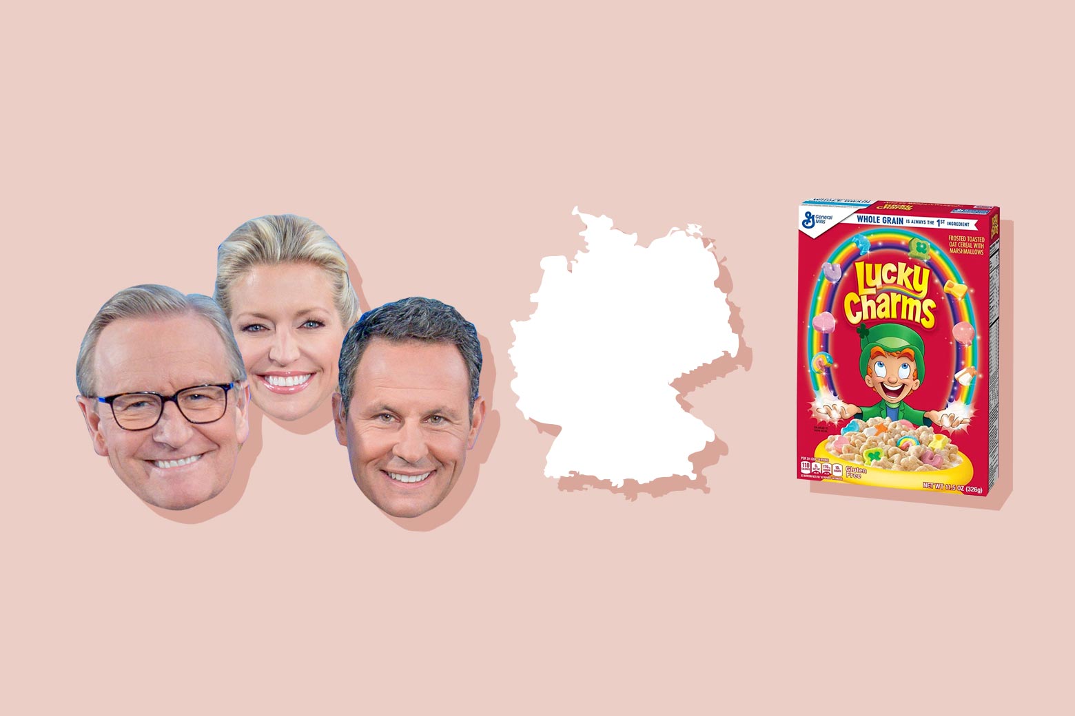 The Fox & Friends hosts, the outline of Germany, and a box of Lucky Charms.