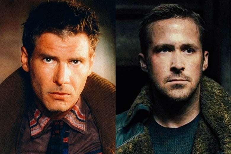 Side by side photos of Harrison Ford and Ryan Gosling in their respective Blade Runner roles.