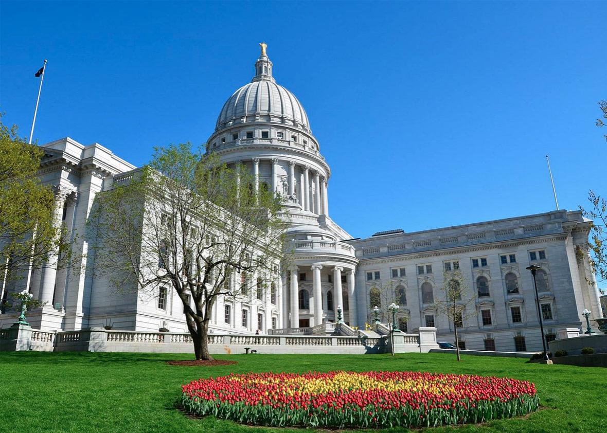 Wisconsin State Capitol building during Tulip Festival on July 2, 2013