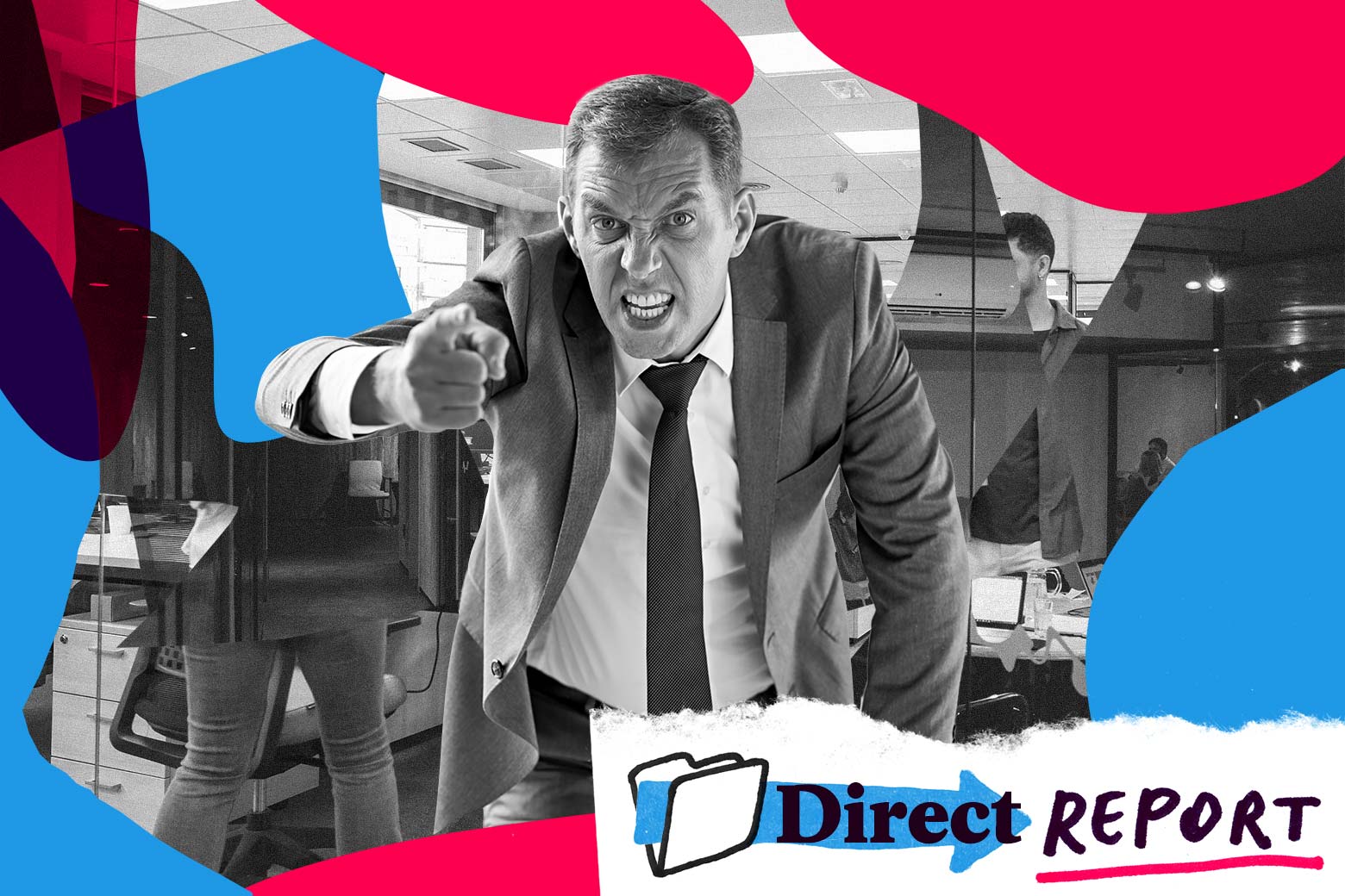 A yelling man in a suit leans over a desk and points. 