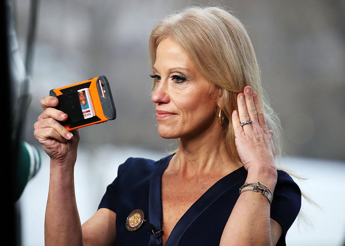Counselor to President, Kellyanne Conway, prepares to appear on the Sunday morning show Meet The Press, from the north lawn at the White House, January 22, 2017 in Washington, DC.