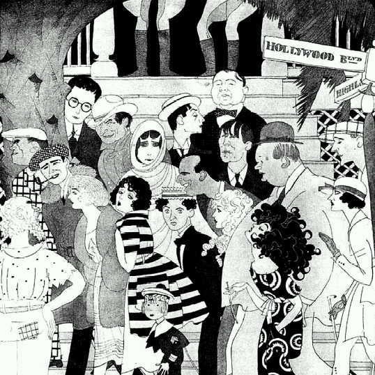 A group of silent movie stars in black-and-white cartoon.