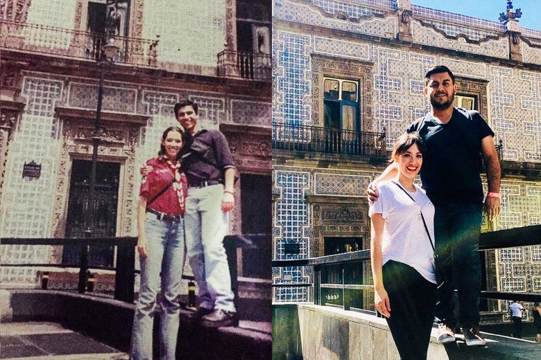 Side-by-side photos of the couple standing in the same spot as teens and as adults. Elliot puts one arm around Yadelle.