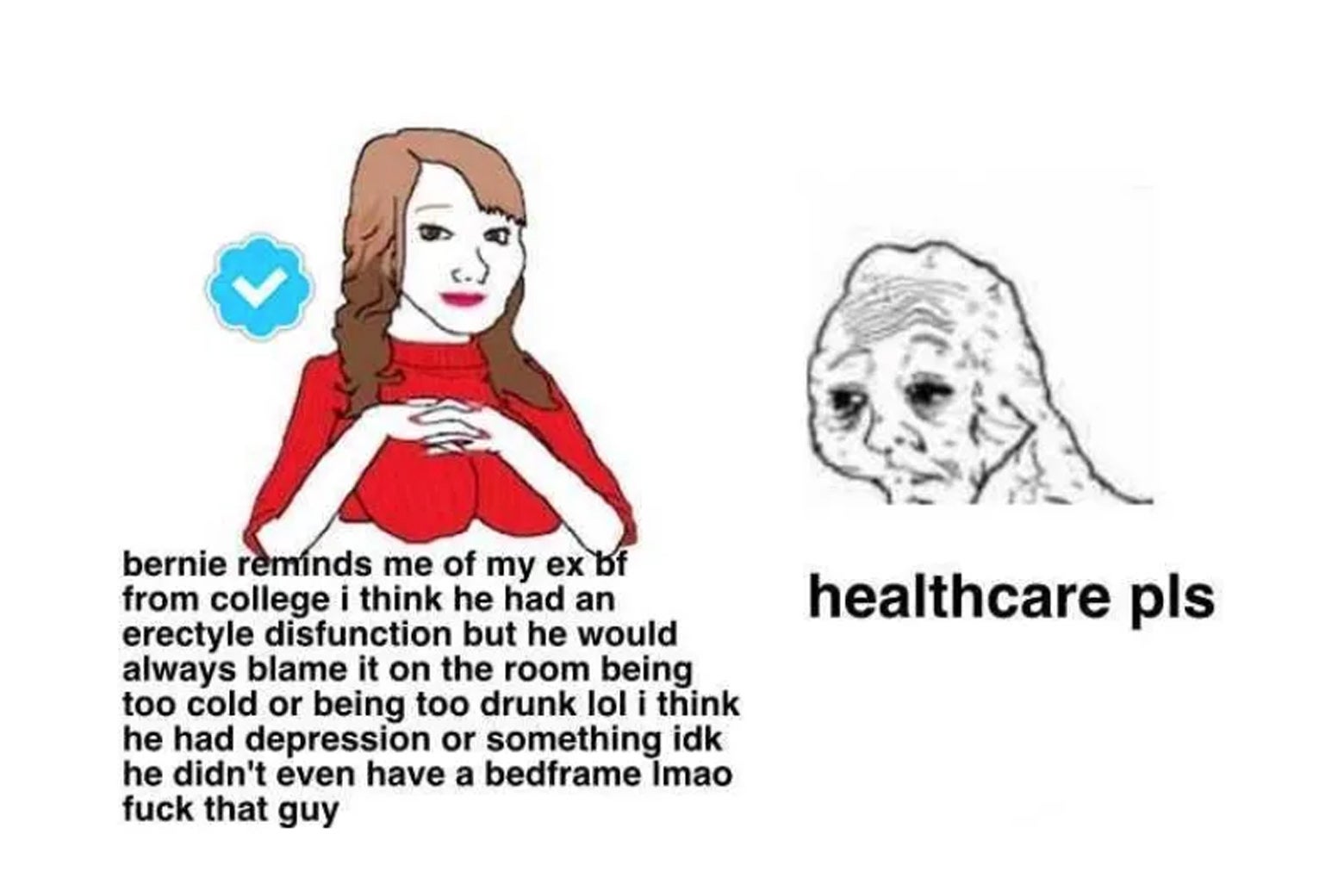 A woman in a cartoon meme is rambling about Bernie Sanders reminding her of a college boyfriend while a sad face says "healthcare please."