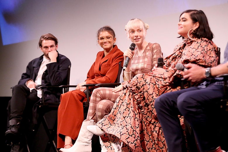 AUSTIN, TX - JUNE 06: (L - R) Sam Levinson, Zendaya, Hunter Schafer and Barbie Ferreira attend the premiere of HBO's Euphoria during the ATX Television Festival at the Paramount Theatre on May 6, 2019 in Austin, Texas. (Photo by Gary Miller/Getty Images for FIJI Water)