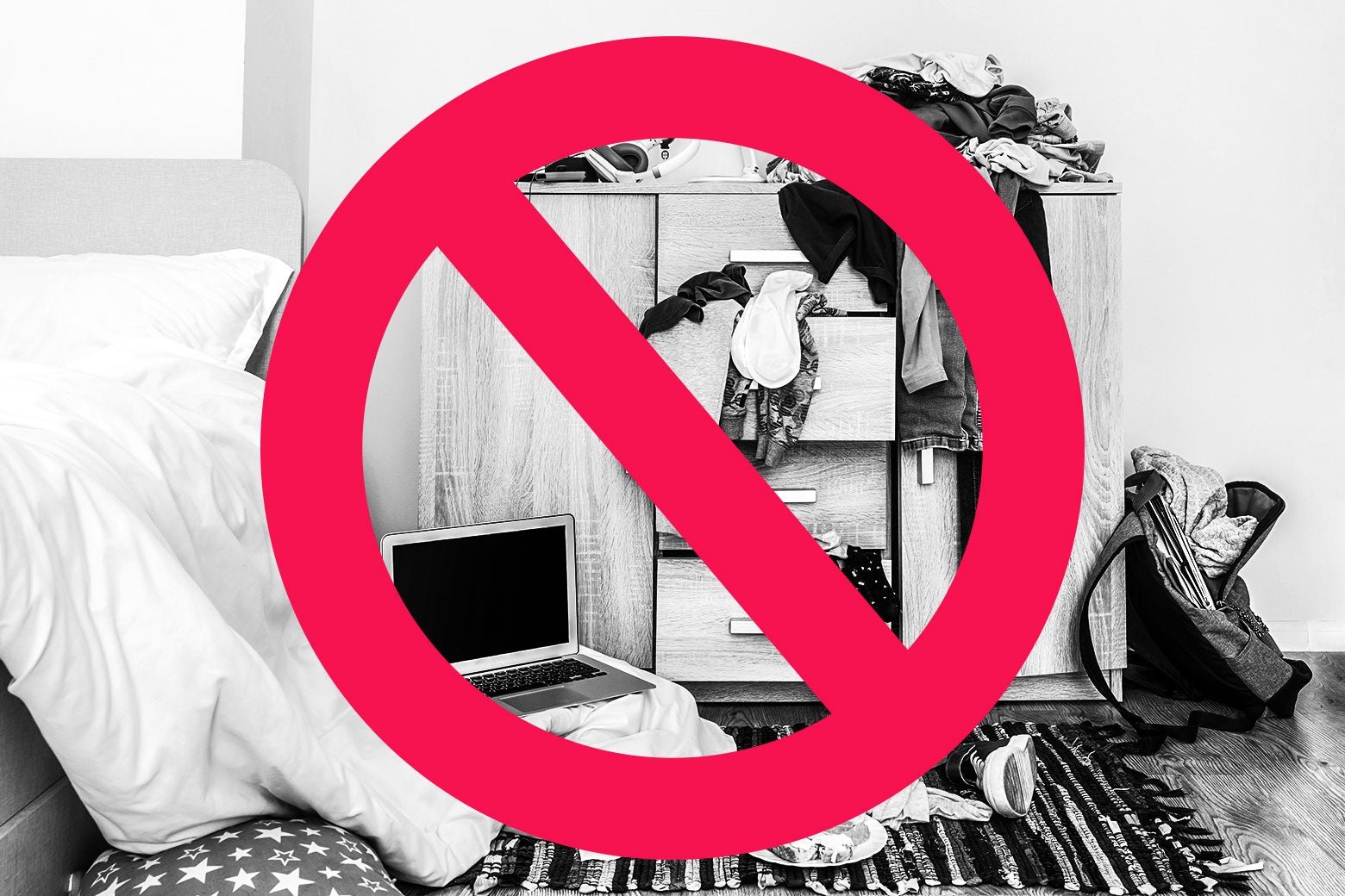 A messy room is covered over by a no entry symbol.
