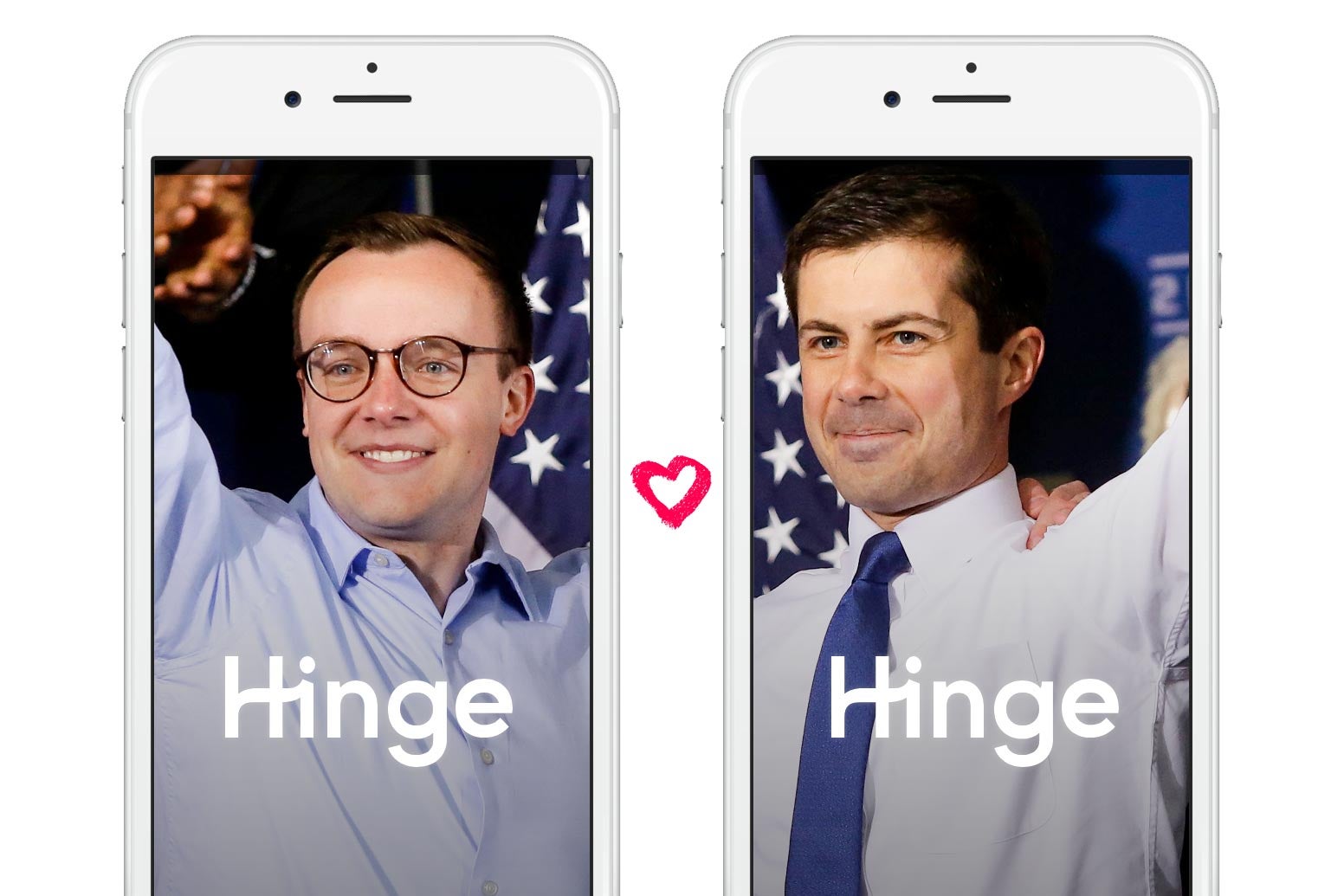 Chasten and Pete Buttigieg, shown on iPhones displaying the Hinge app.