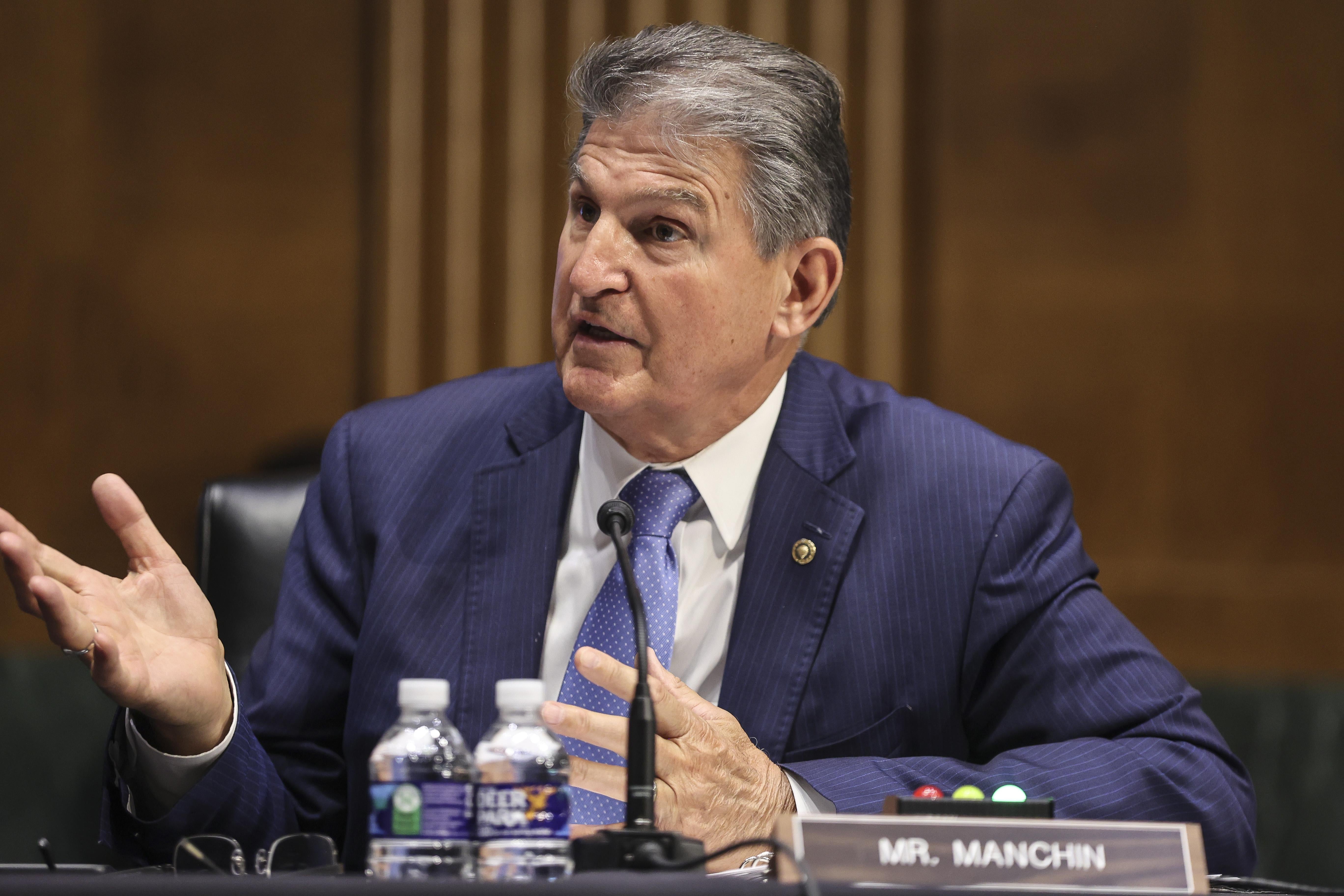 Sen. Joe Manchin speaks during a Senate Appropriations Committee hearing to examine the American Jobs Plan, focusing on infrastructure, climate change, and investing in our nations future on April 20, 2021 in Washington, D.C.