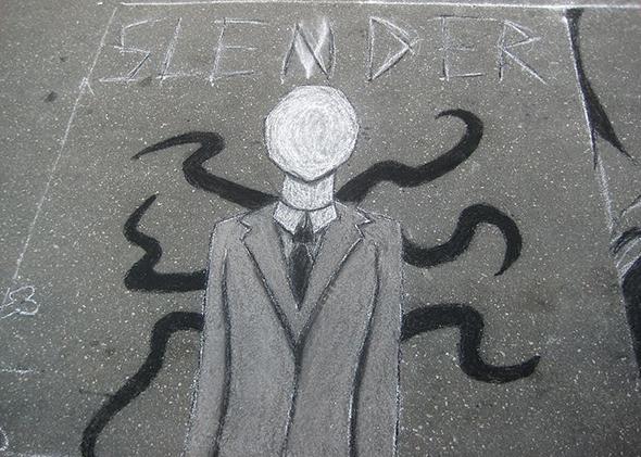 An anonymous graffito of the fictional Slender Man, drawn on a road in Raleigh, North Carolina.