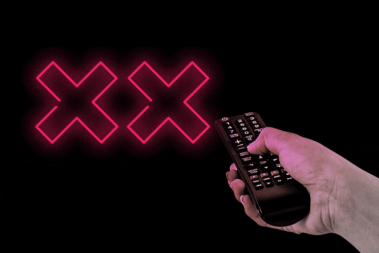 A hand points a remote control at two neon x's.