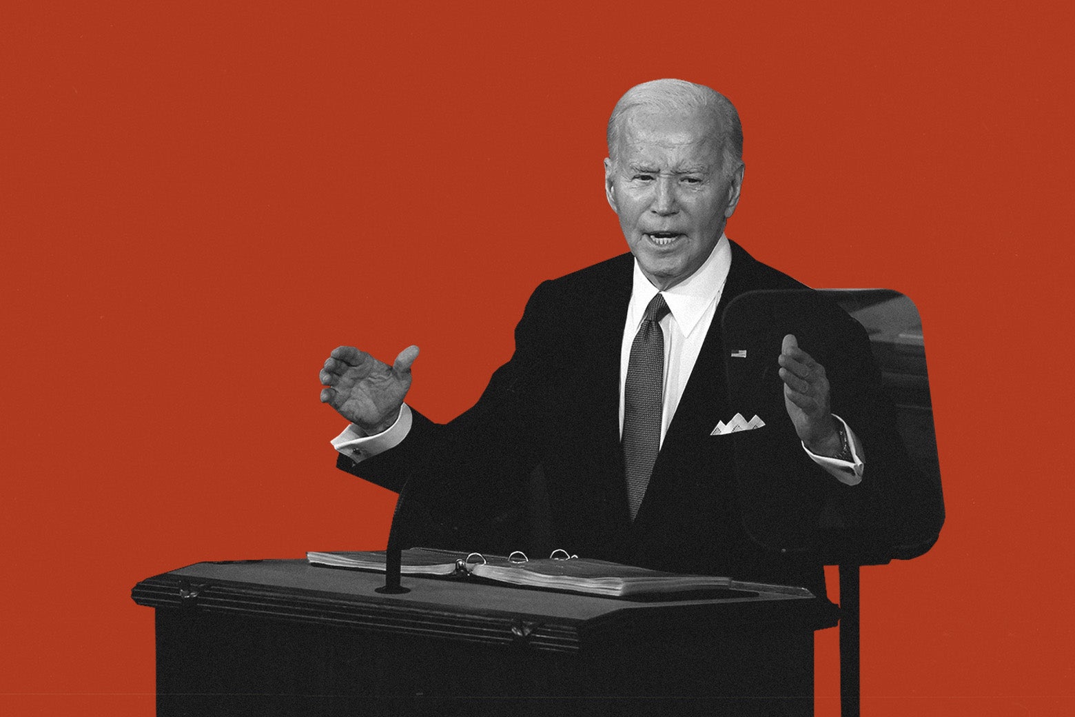 Joe Biden speaks from a lectern during the address; the photo is black and white and the background is strikingly red. 