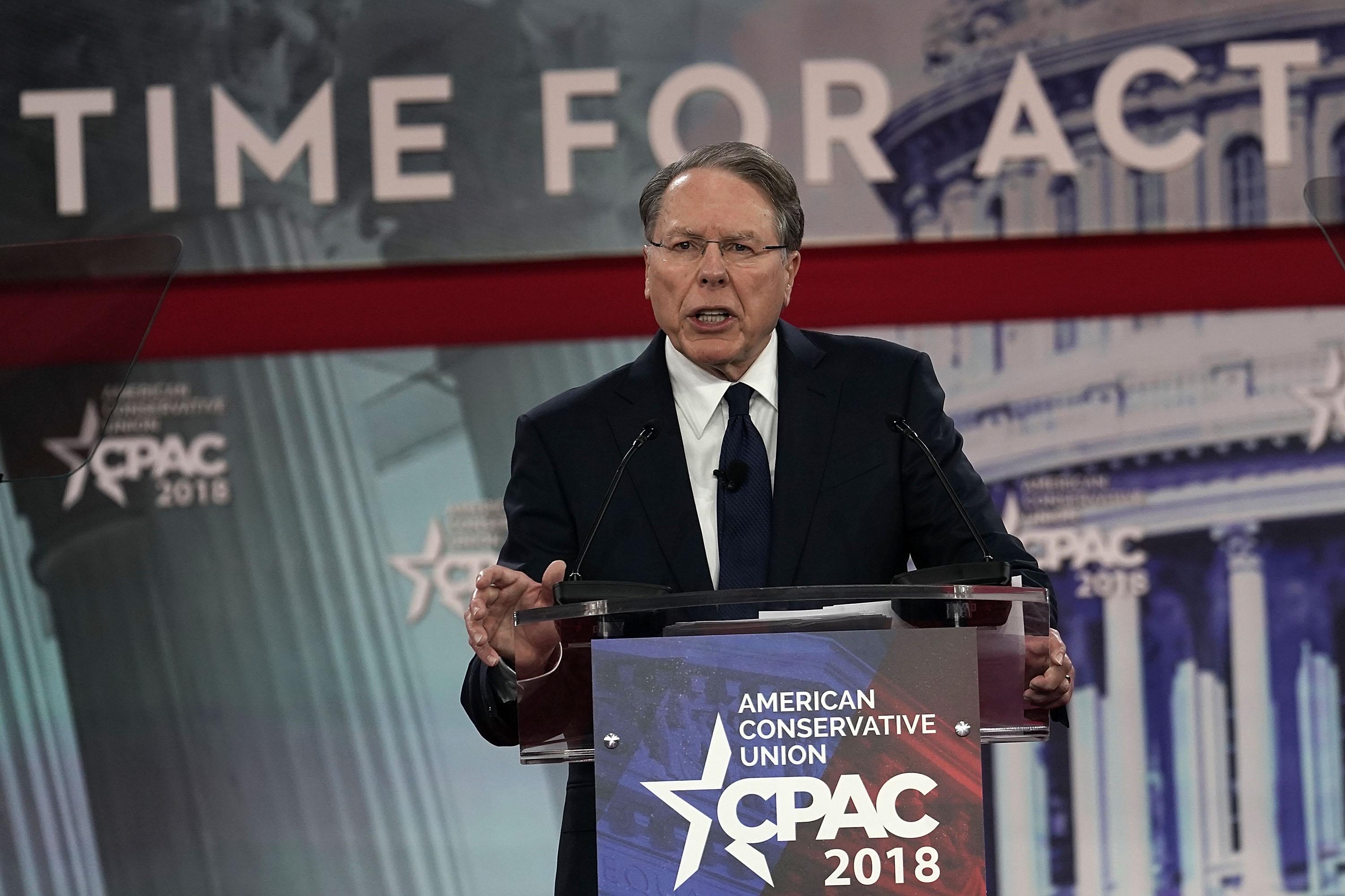 NATIONAL HARBOR, MD - FEBRUARY 22:  Vice President of the NRA Wayne LaPierre speaks during CPAC 2018 February 22, 2018 in National Harbor, Maryland. The American Conservative Union hosted its annual Conservative Political Action Conference to discuss conservative agenda.  (Photo by Alex Wong/Getty Images)