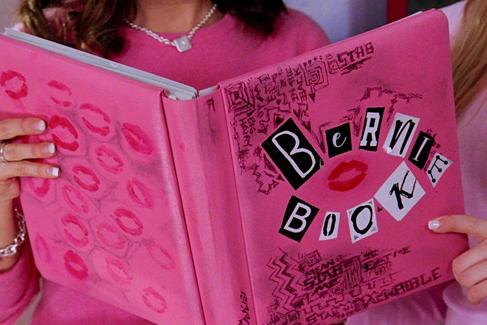 Hands hold up a pink book that says "Bernie Book" on the front.