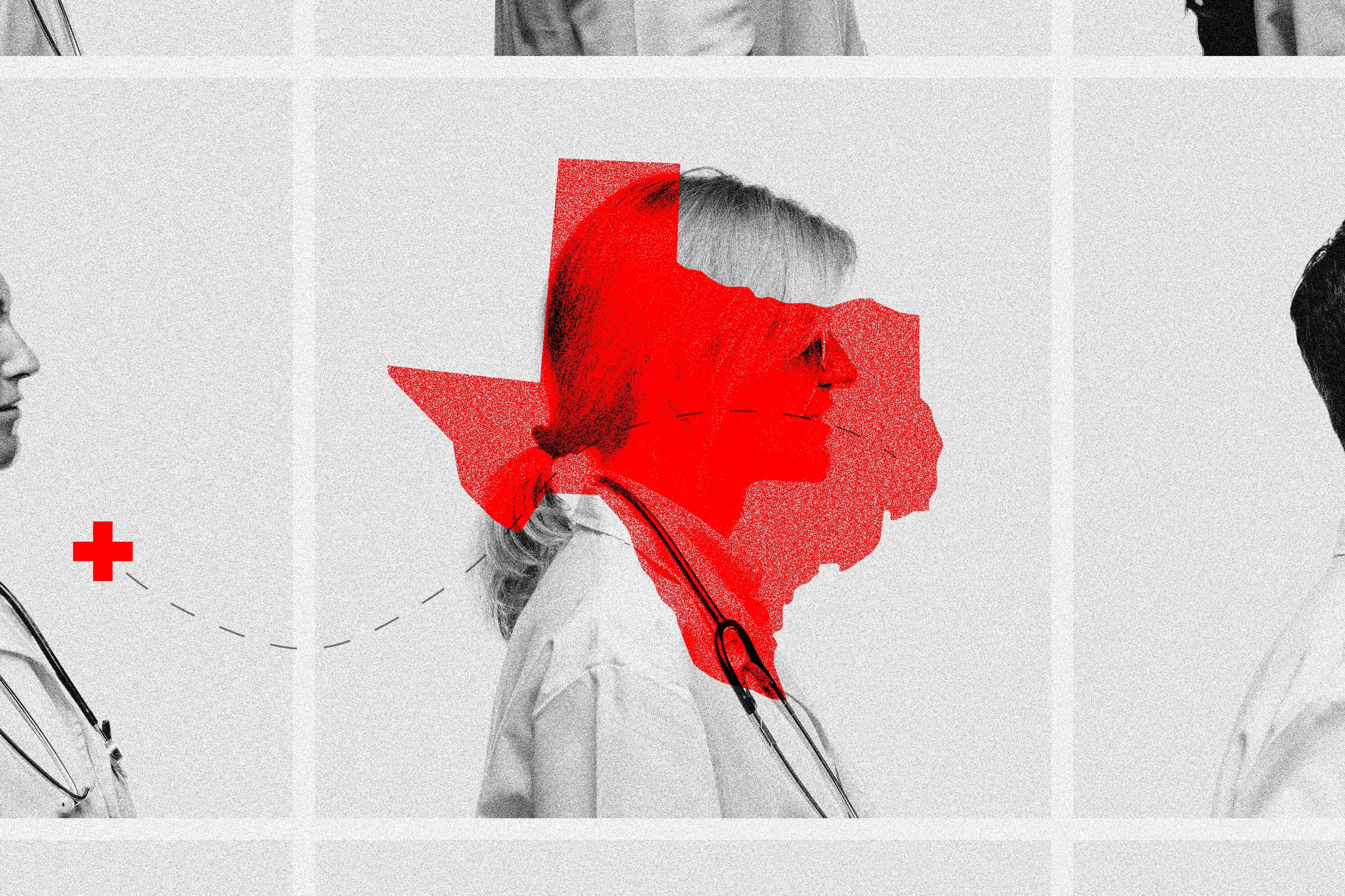 Doctor with a Texas-shaped object over her face.