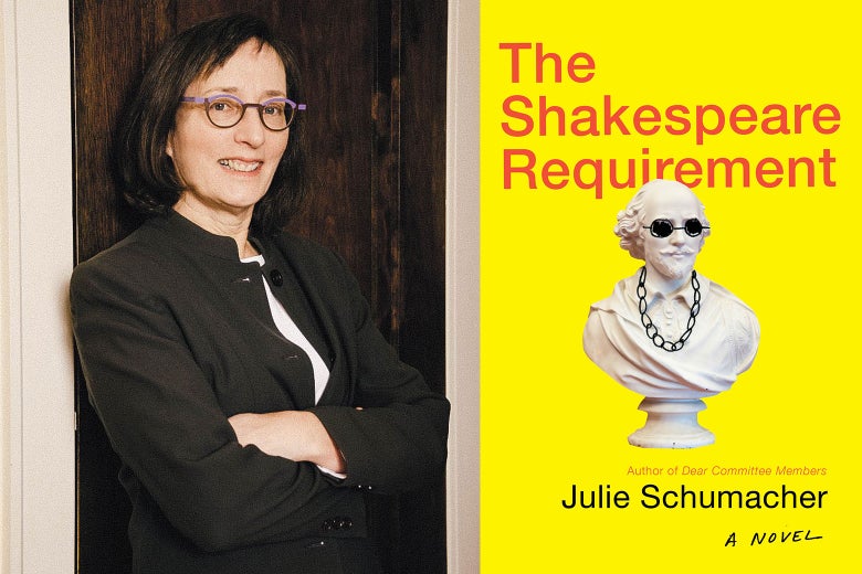 Author Julie Schumacher and the cover of her new book, The Shakespeare Requirement.