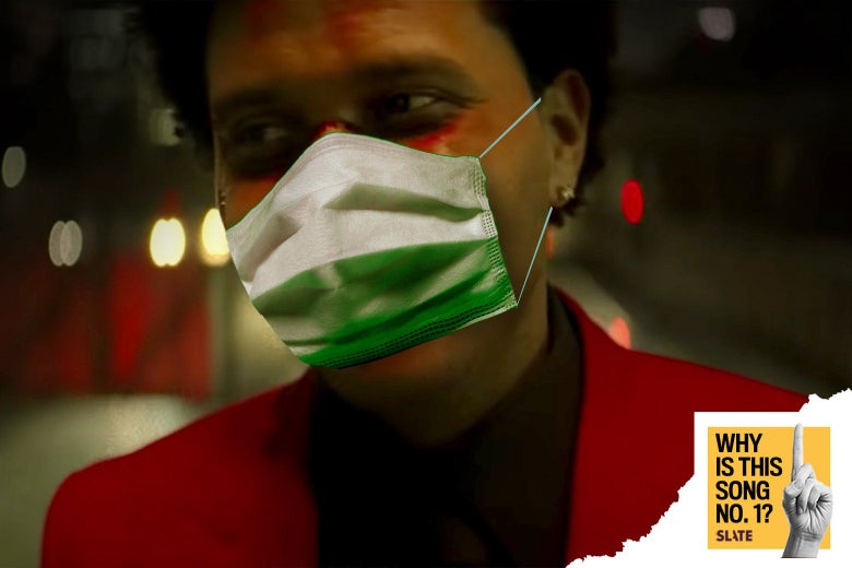 The Weeknd from his "Blinding Lights" video with a surgical mask superimposed on top.