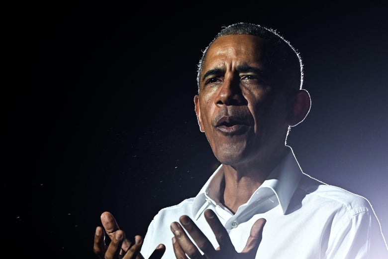 Former US President Barack Obama speaks at a drive-in rally as he campaigns for Democratic presidential candidate former Vice President Joe Biden in Miami, Florida on November 2, 2020. (Photo by CHANDAN KHANNA / AFP) (Photo by CHANDAN KHANNA/AFP via Getty Images)