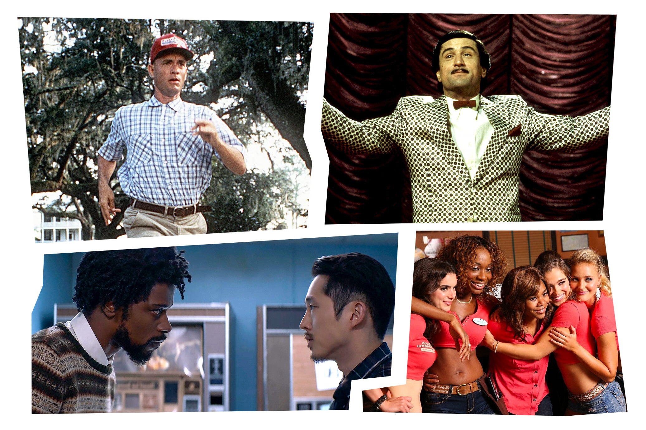 Clockwise: A still of Tom Hanks running in Forrest Gump, a still of Robert De Niro in front of a red velvet curtain in The King of Comedy, a still of Regina Hall and four other girls dressed in waitress uniforms in Support the Girls, and a still of LaKeith Stanfield talking to Steven Yeun in Sorry to Bother You. 