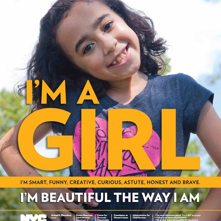 Poster of a girl smiling with hands on her hips and the slogan "I'm a girl. I'm beautiful the way I am."