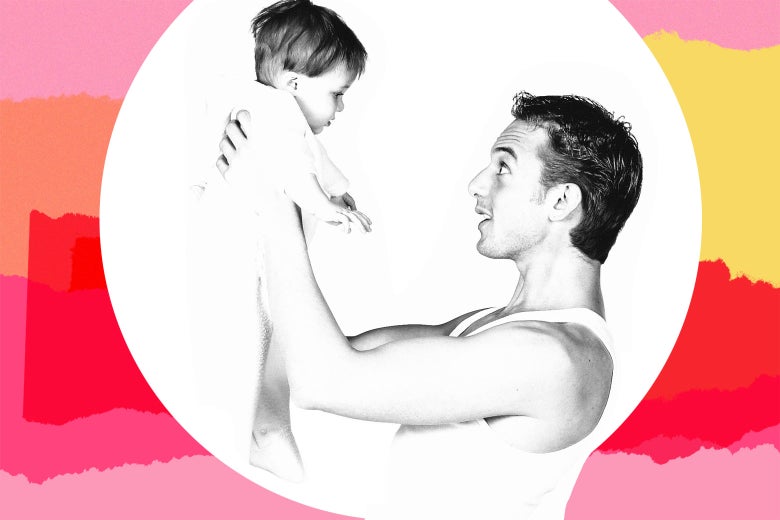 A dad holding up his son, studying him.
