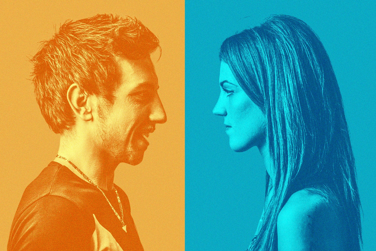 A photo illustration of a young man and a young woman in different colored squares.