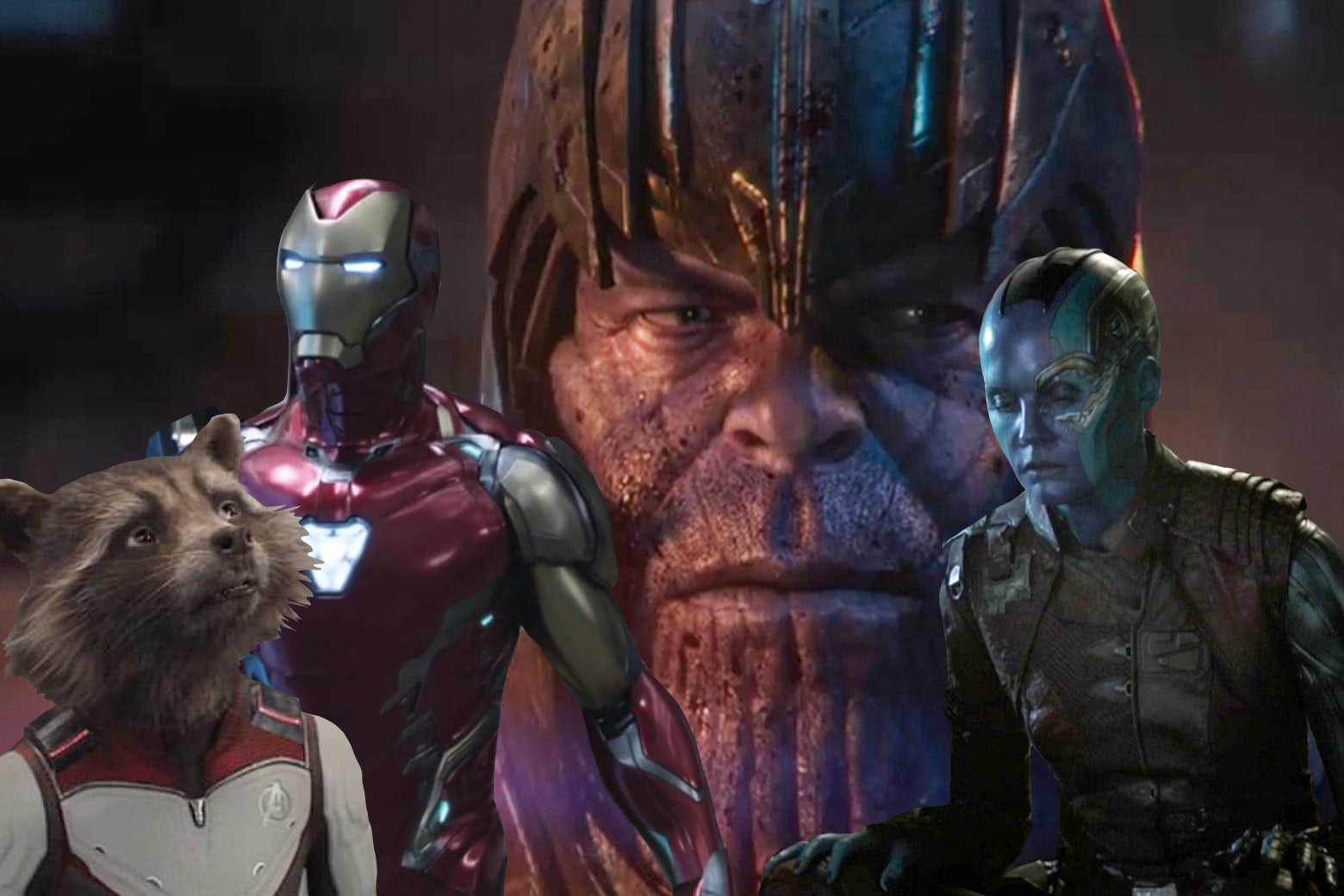 Collage of Avengers: Endgame characters like Thanos, Rocket Raccoon, Iron Man, and Nebula.