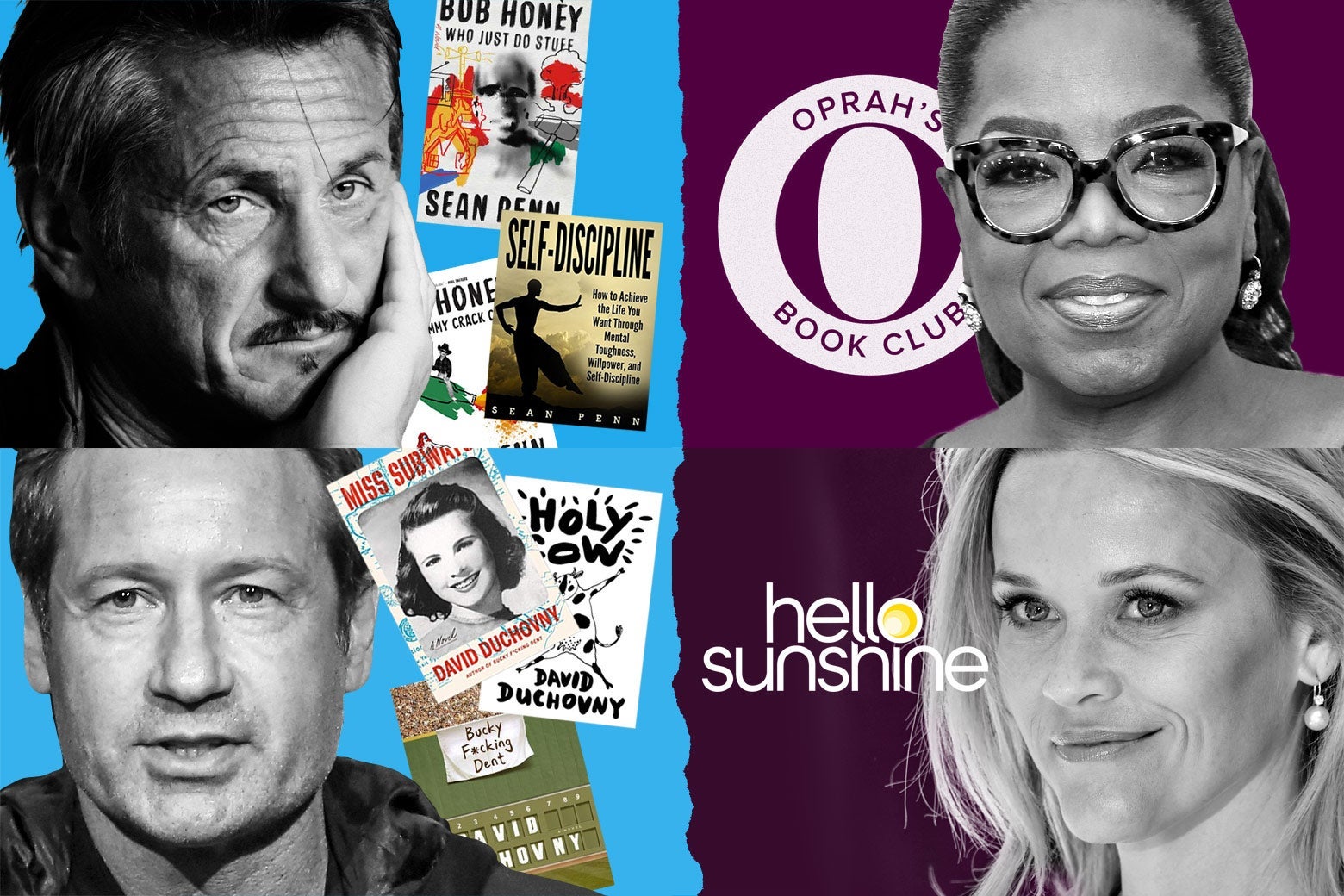 Photo illustration of Sean Penn and David Duchovny with books they've written next to Oprah and Reese Witherspoon with their book club logos.