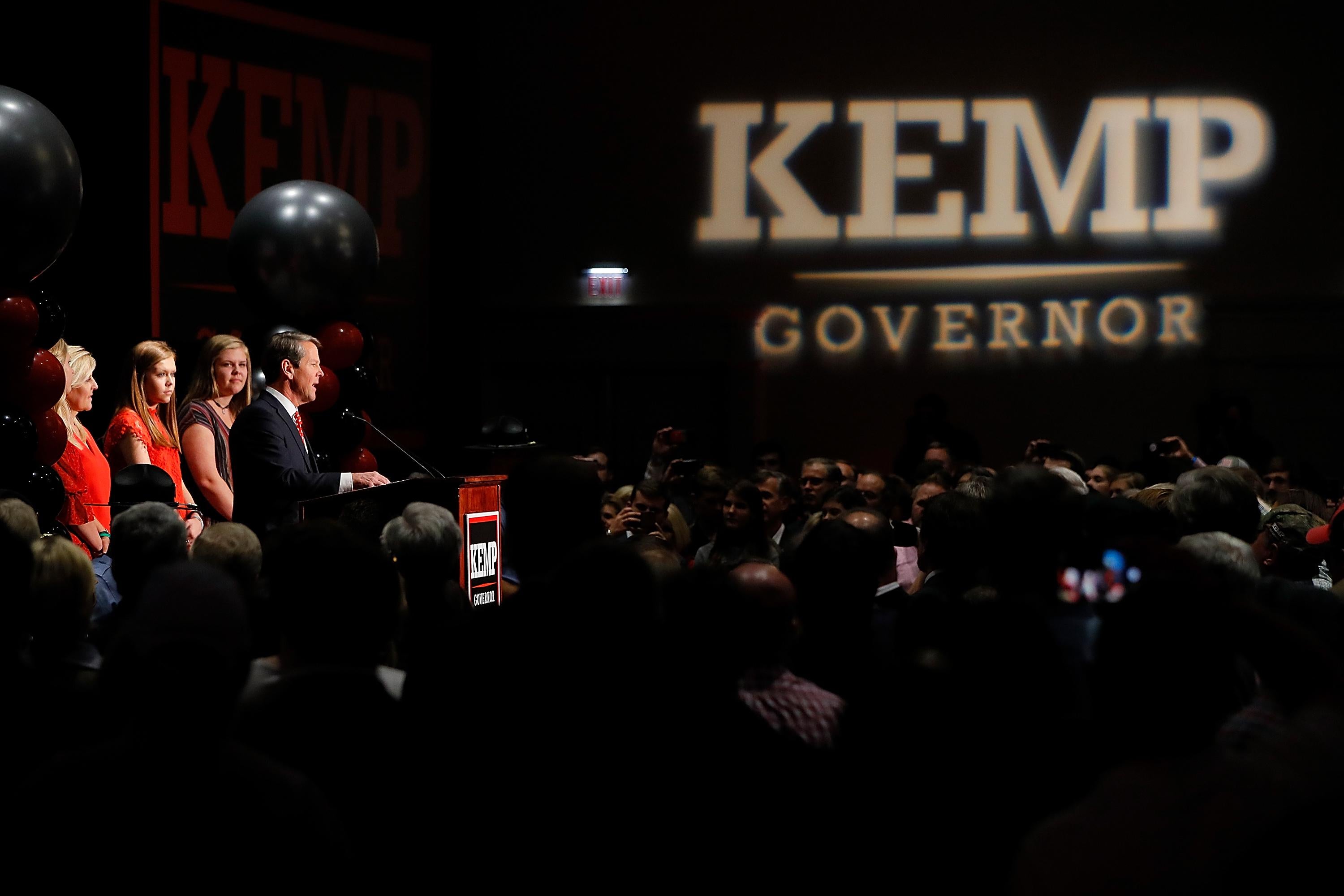 ATHENS, GA - NOVEMBER 06:  Republican gubernatorial candidate Brian Kemp attends the Election Night event at the Classic Center on November 6, 2018 in Athens, Georgia.  Kemp is in a close race with Democrat Stacey Abrams.  (Photo by Kevin C. Cox/Getty Images)