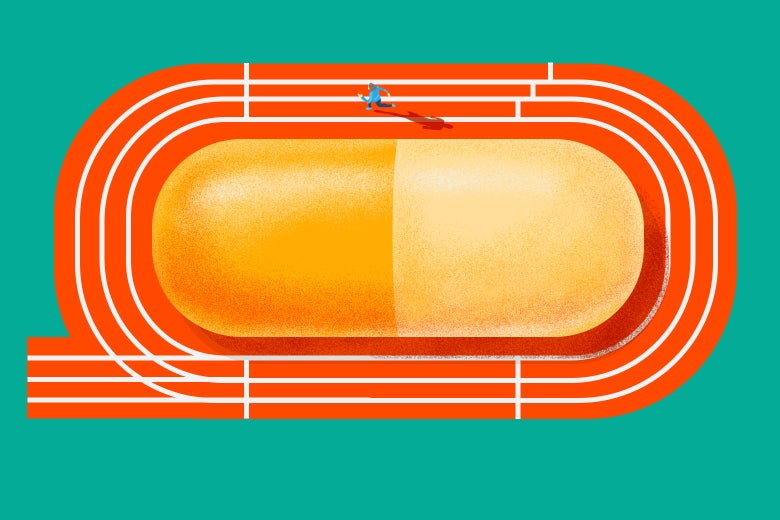 In an illustration, a person runs around a track with a huge pill in the middle of it.