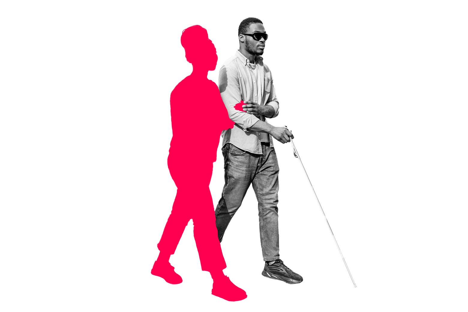 Blind man walking with a woman holding his arm.