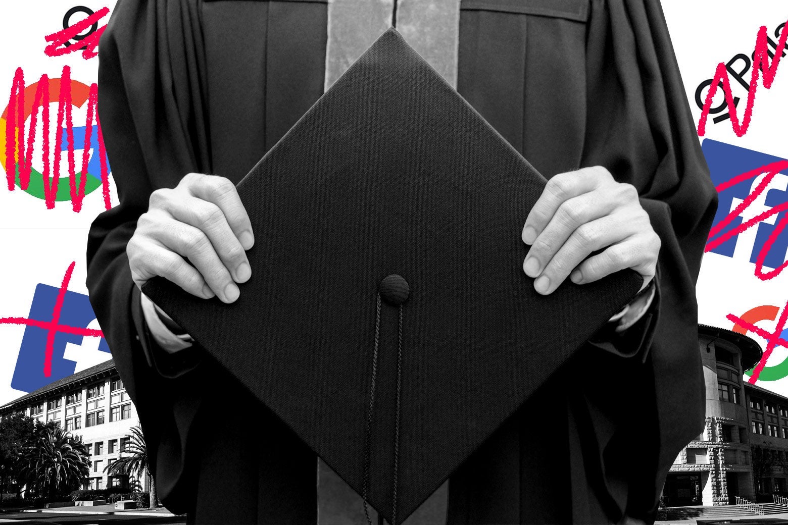Photo illustration of a graduate holding his hat over the William Gates Computer Science Building at Stanford University, and crossed-out Google, Facebook, and Planitir logos.