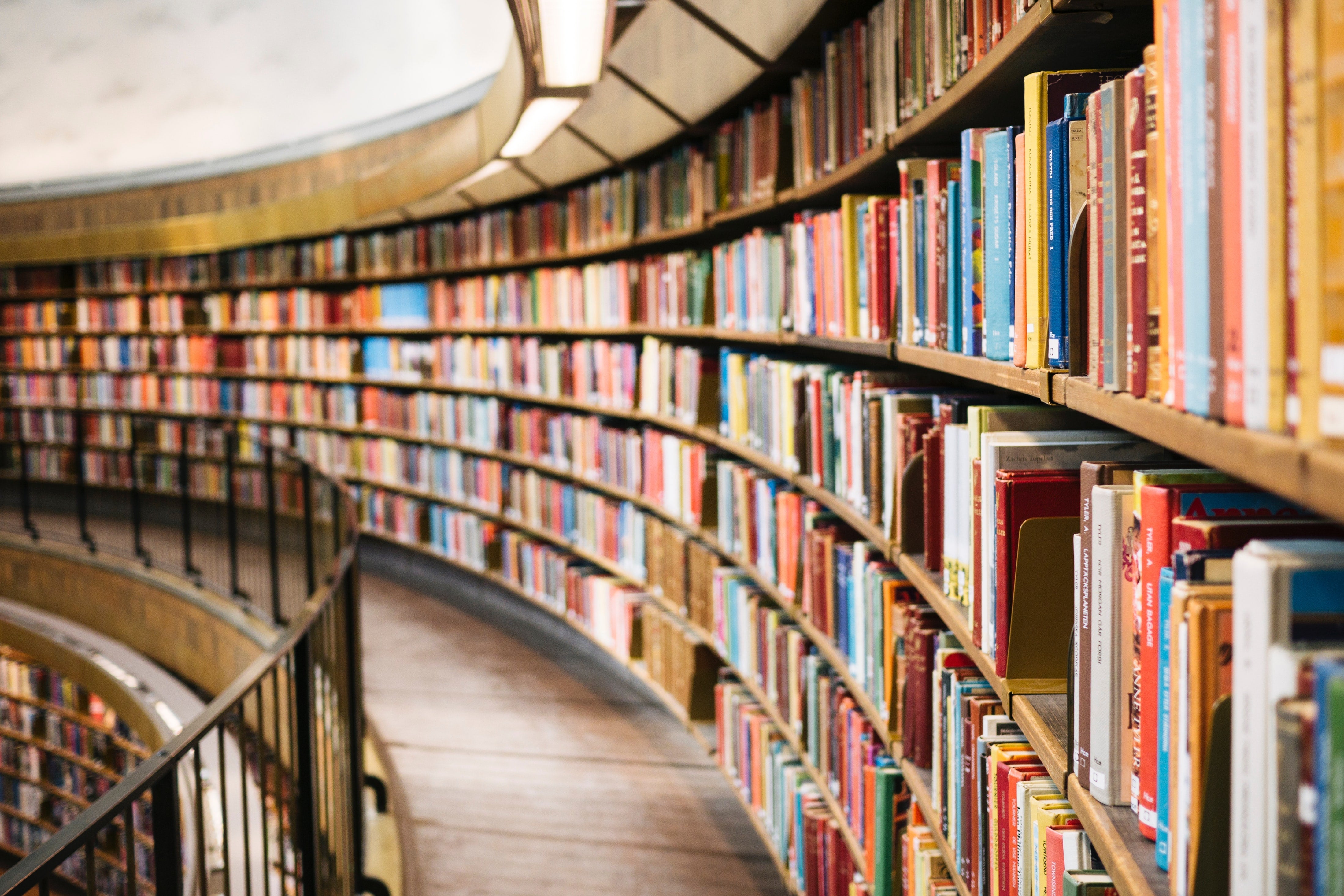 Bookshelves taking up an entire long wall curve along a walkway.