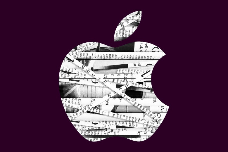 The Apple logo with shreds of newspaper lying within
