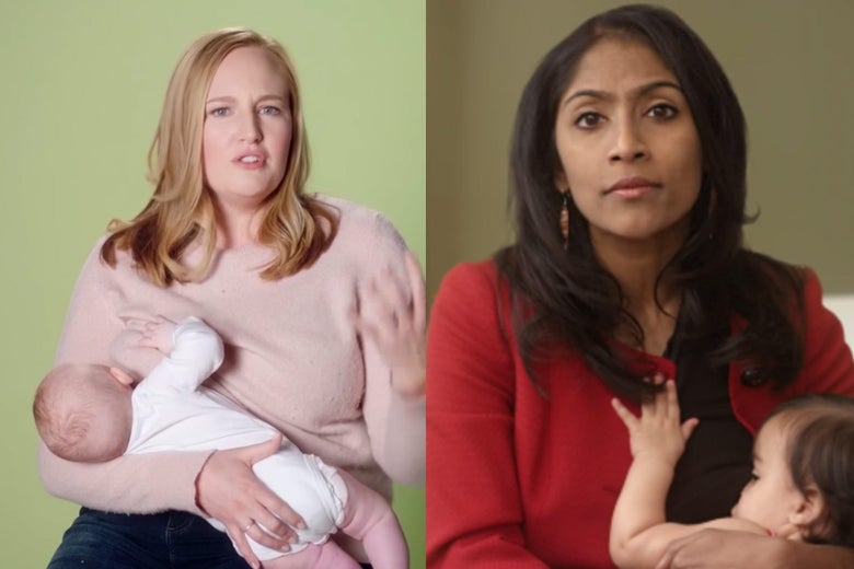 Splitscreen of Kelda Roys and Krish Vignarajah breastfeeding in their campaign ads.