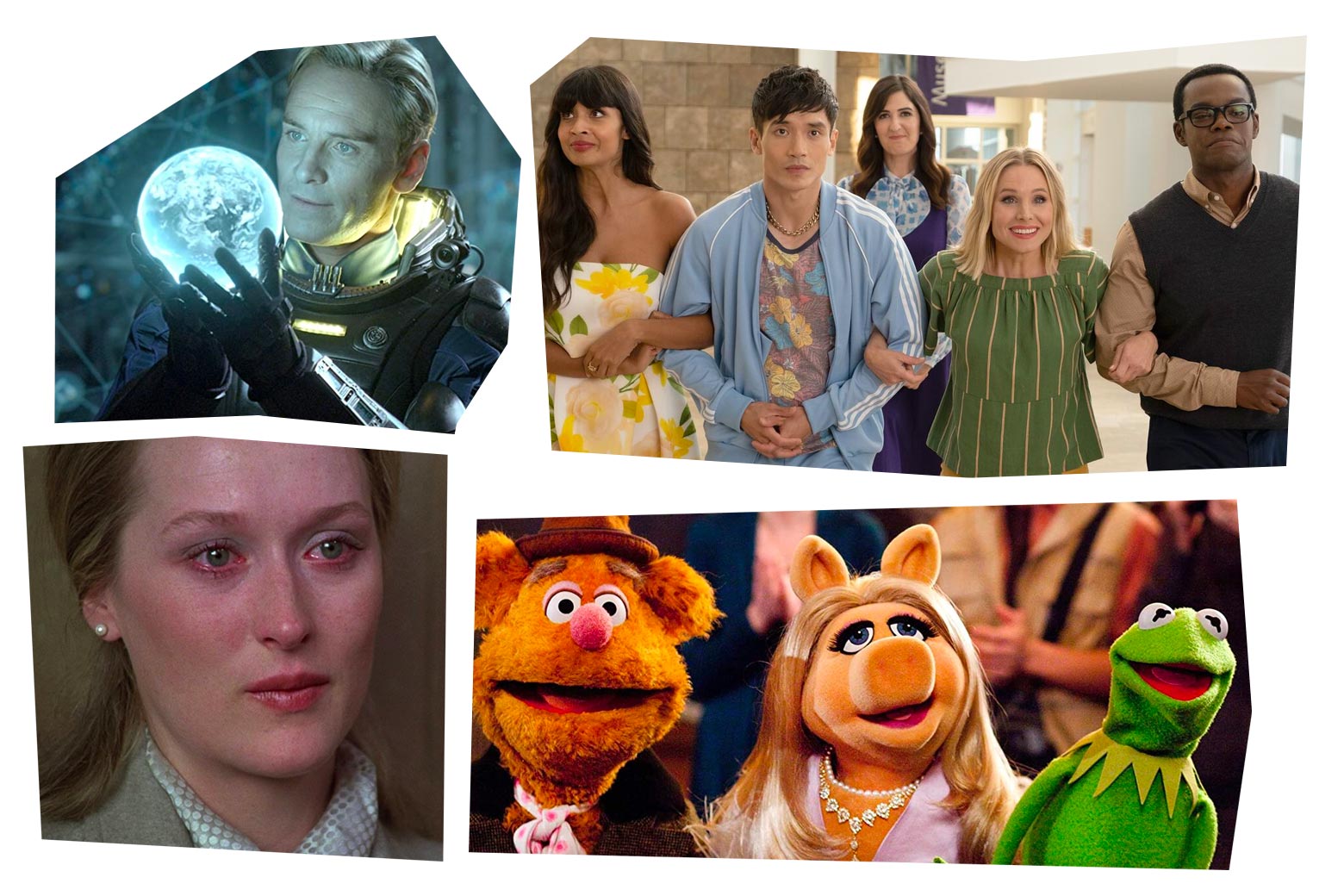 Stills from each of the movies in a mosaic art style: Meryl Streep with red-rimmed eyes; Michael Fassbender holding a glowing white orb; the cast of The Good Place linking their arms together; and Fozzie Bear with Miss Piggy and Kermit the Frog.