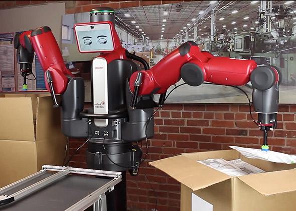 The industrial robot Baxter uses a vacuum gripper to pack parts in an order.