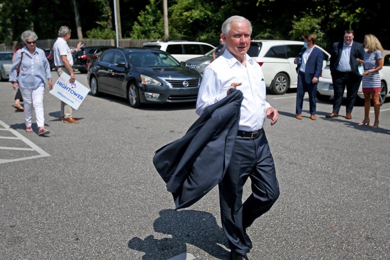 Jeff Sessions leaves after voting in the Alabama Republican primary runoff for the U.S. Senate at the Volunteers of America Southeast Chapter on July 14, 2020 in Mobile, Alabama.