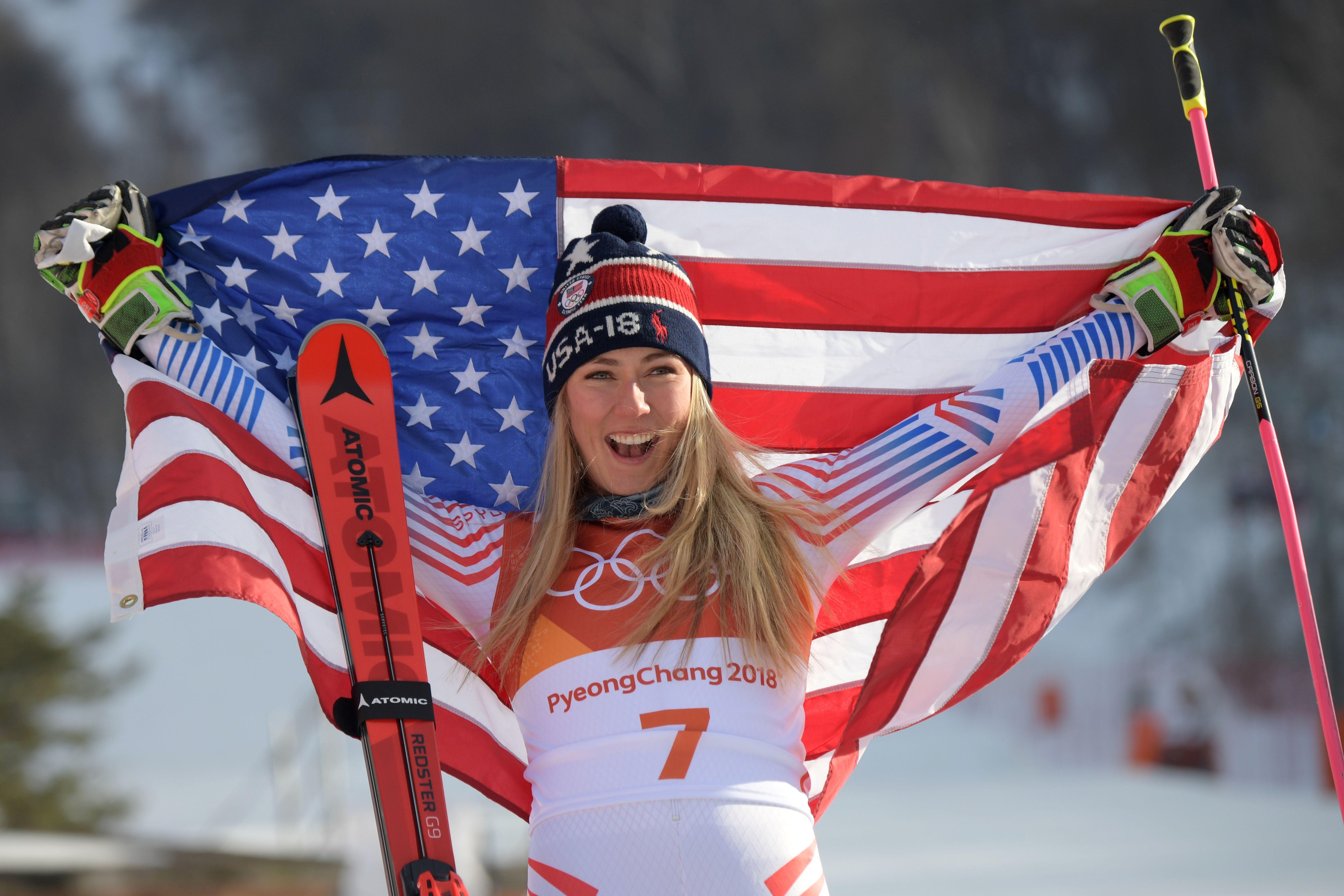 USA's winner Mikaela Shiffrin poses on the podium during the victory ceremony for the women's Giant Slalom at the Yongpyong Alpine Centre during the Pyeongchang 2018 Winter Olympic Games in Pyeongchang on February 15, 2018. / AFP PHOTO / Martin BERNETTI        (Photo credit should read MARTIN BERNETTI/AFP/Getty Images)