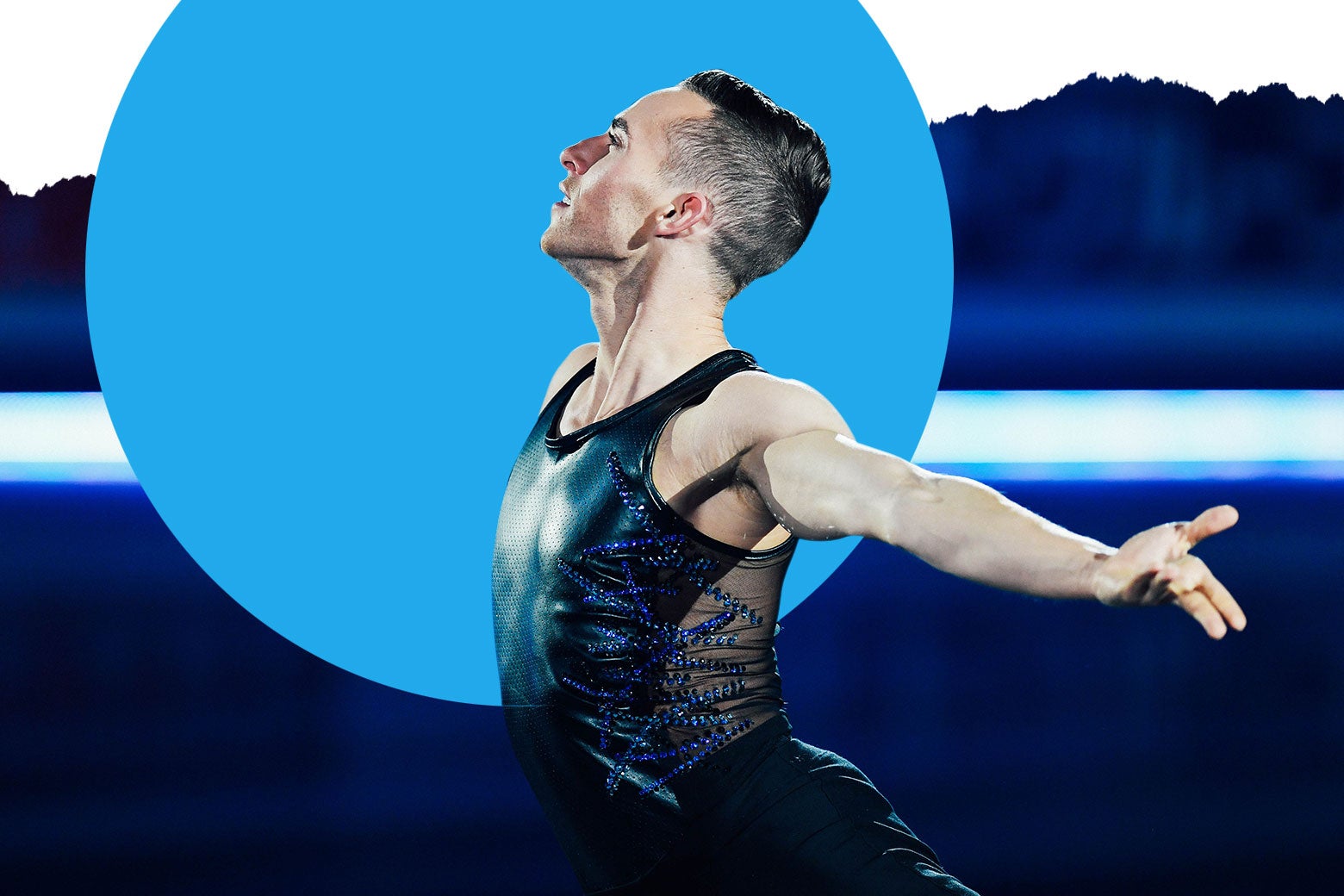 Adam Rippon skating in a black leather tank top with crystals and mesh.