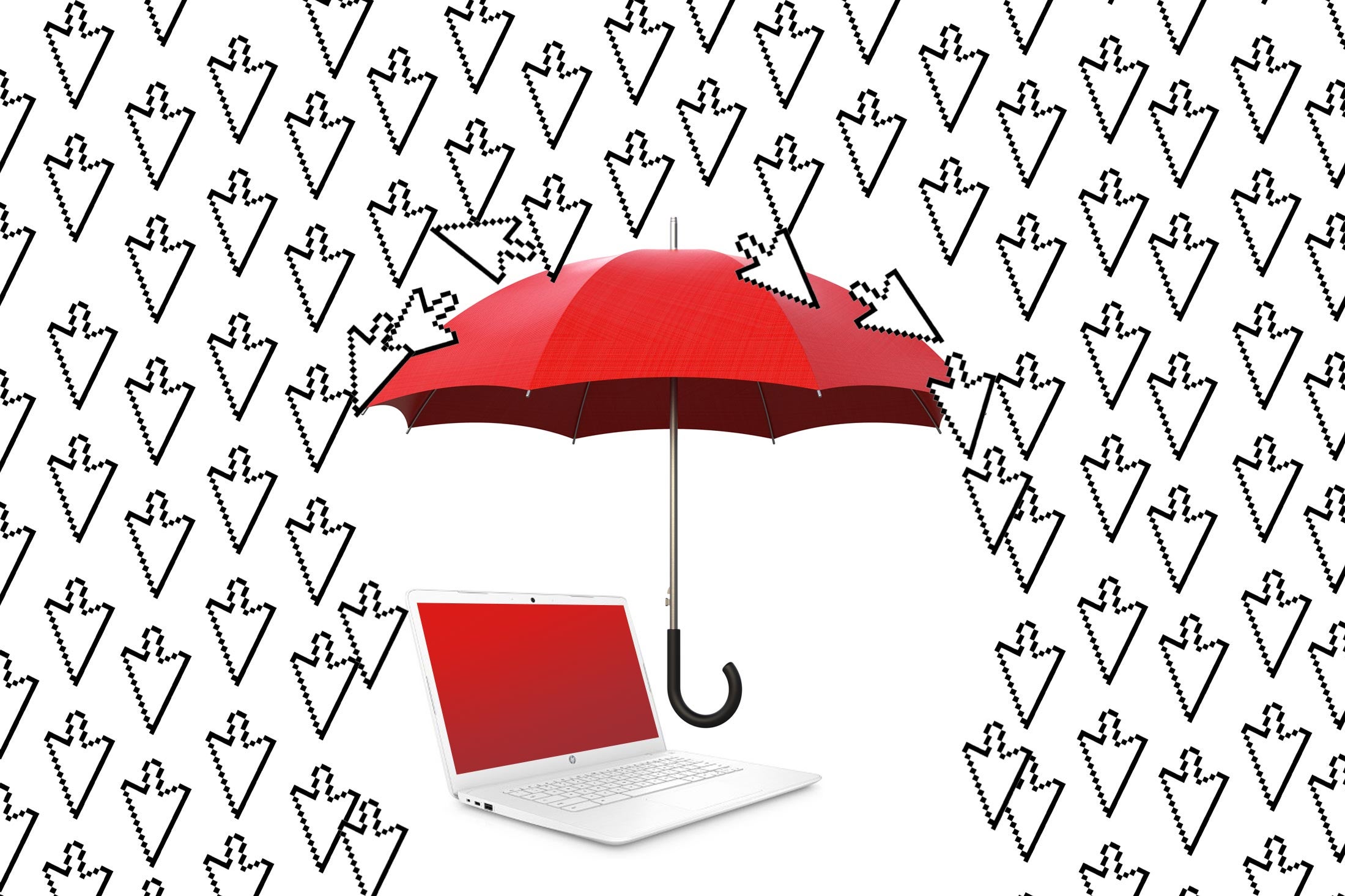 An umbrella hovering over a laptop, shielding it from a shower of cursor arrows raining down.