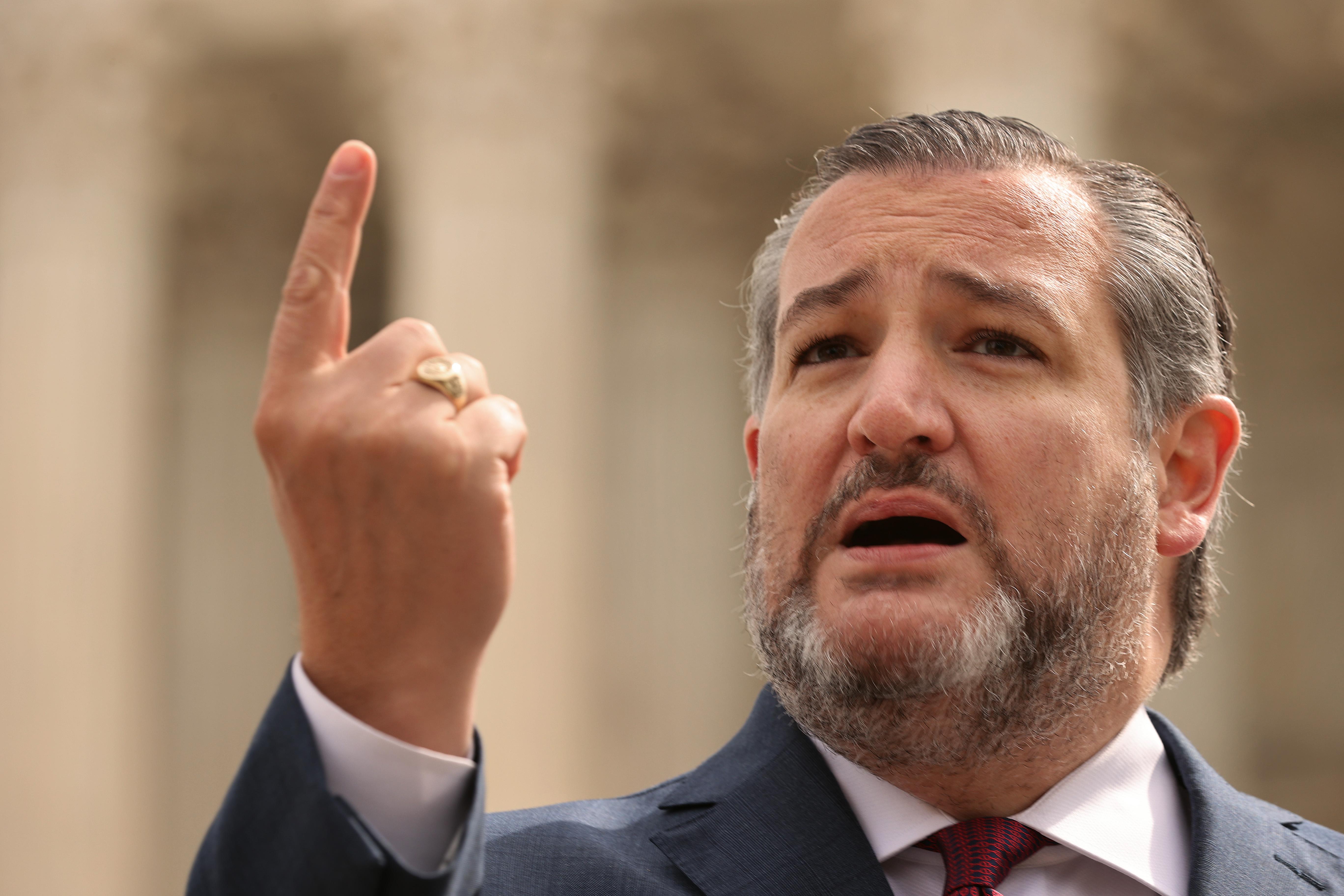 Ted Cruz points his finger in the air and looks distraught.