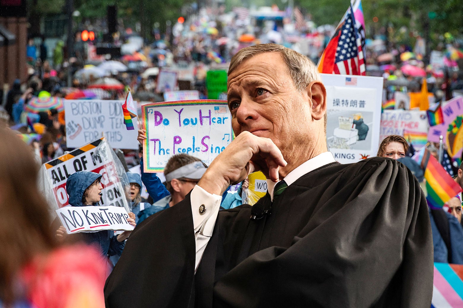 John Roberts coloca a mão no queixo, manifestantes pelos direitos LGBTQ em D.C.