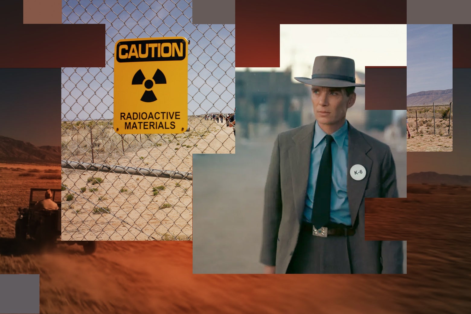 A collage of desert photos, nuclear warning signs, and Cillian Murphy as Oppenheimer.