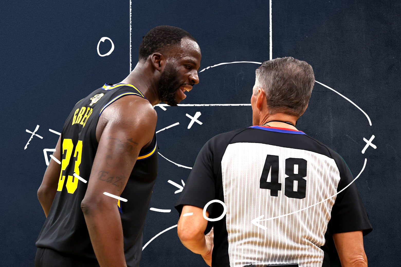 Green argues with a referee, an Xes-and-Os-and-arrows play illustrated behind them.