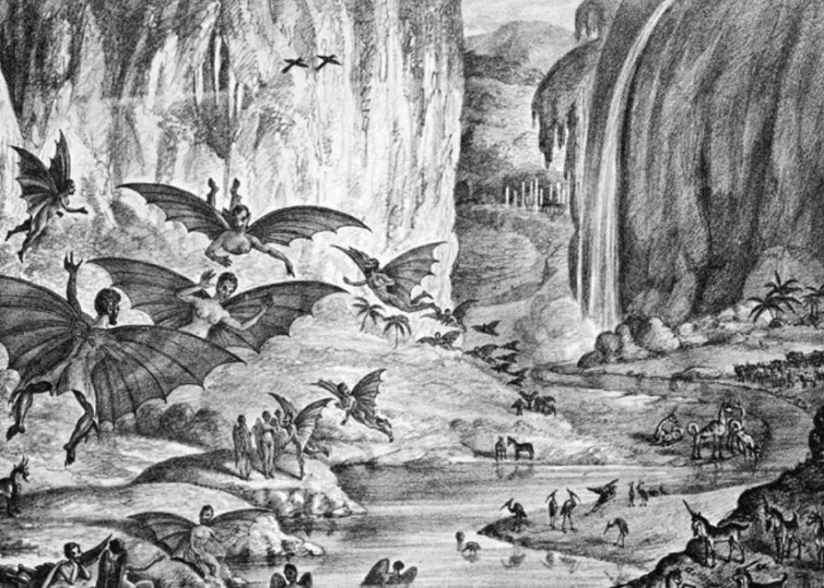 A hoax illustration depicting winged creatures living on the moon.