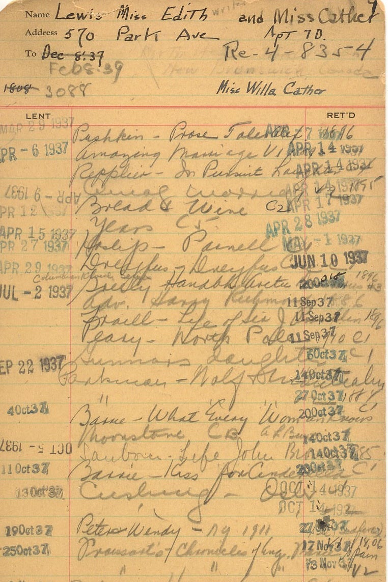 Willa Cather's library card from 1939