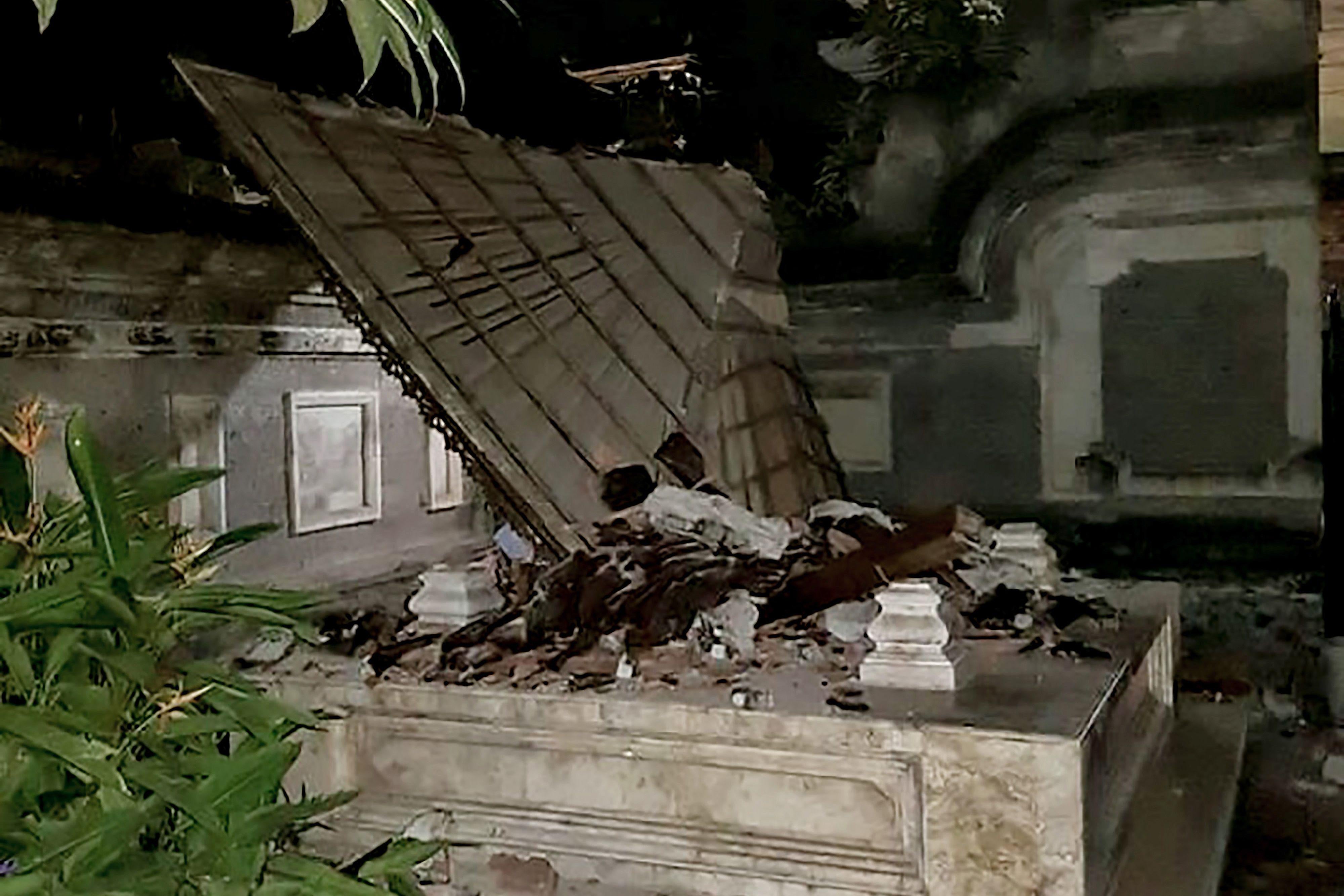 A Balinese temple is seen partially collapsed in Badung in Bali island on August 5, 2018 after a major earthquake rocked neighboring Lombok island.