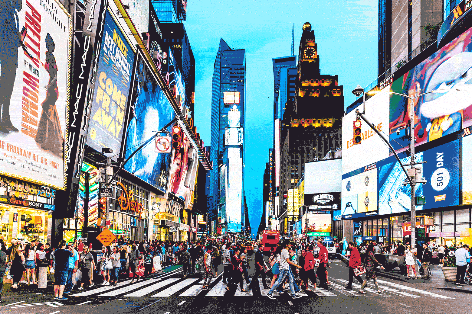 Animation of New York's Times Square filled with people, flickering with static, and then empty.