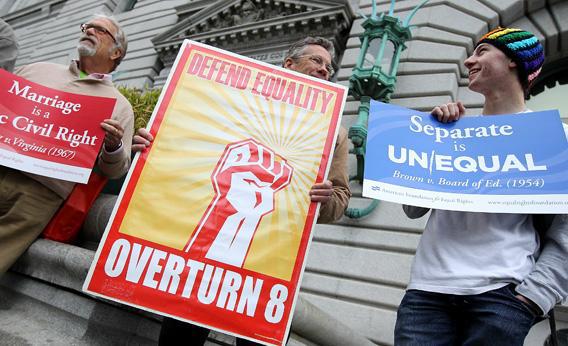 Opponents of Proposition 8, California's anti-gay marriage bill, demonstrate in San Francisco.